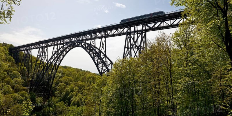Muengsten Bridge with diesel railcar, highest railway bridge in Germany, Solingen, Bergisches Land, North Rhine-Westphalia