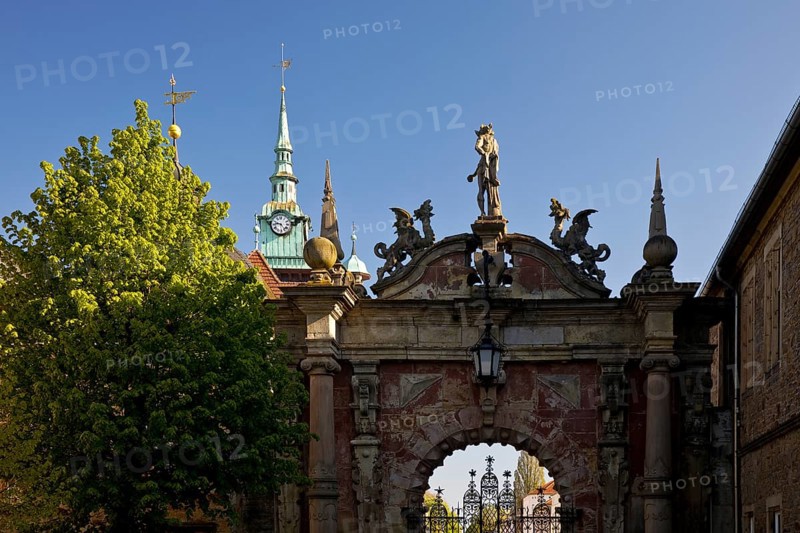 Castle portal with the town hall spire, Bueckeburg Castle, Bueckeburg, Lower Saxony, Germany, Europe