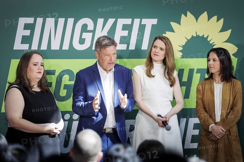 Ricarda Lang, Federal Chairwoman of Buendnis 90/DIE Gruenen, Robert Habeck (Buendnis 90/Die Gruenen), Federal Minister for Economic Affairs and Climate Protection and Vice-Chancellor, Terry Reintke, top candidate for the European elections of Buendnis 90/DIE GRUENE, and Annalena Baerbock (Buendnis 90/Die Gruenen), Federal Foreign Minister, taken during a press event in Berlin, 13 May 2024. The campaign tours for the European elections of Buendnis 90/DIE Gruenen start today