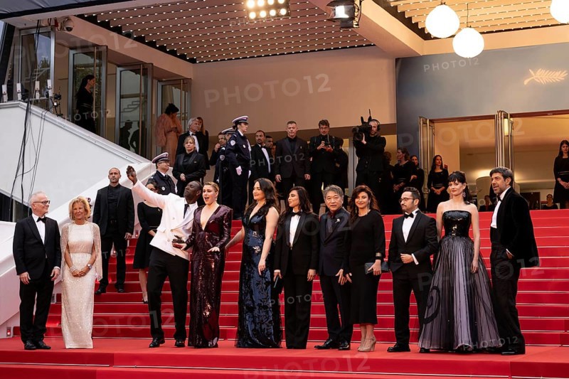 Cannes, France, 14.5.2024: Jury members Omar Sy, Greta Gerwig (President of the Jury), Lily Gladstone, Nadine Labaki, Hirokazu Kore-eda, Ebru Ceylan, Juan Antonio Bayona, Eva Green and Pierfrancesco Favino during the opening of the 77th Cannes International Film Festival. The 77th Cannes International Film Festival will take place from 14 to 25 May 2024, Europe