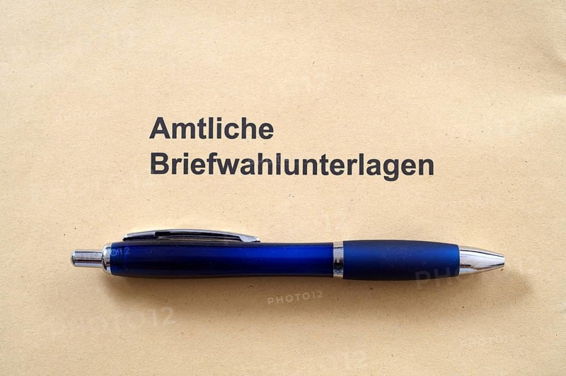 Biros on envelope, postal vote, official postal voting documents, election, parliamentary election, European election, Stuttgart, Baden-Wuerttemberg, Germany, Europe