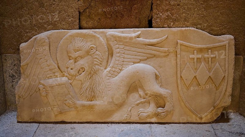 Lion of St Mark, Crispi family crest, A stone relief shows a winged lion and a coat of arms with crosses, Interior, Archaeological Museum, Old Town, Rhodes Town, Rhodes, Dodecanese, Greek Islands, Greece, Europe