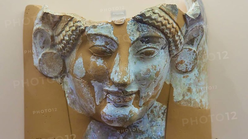 Female terracotta bust, A damaged ancient stone relief of a female face, Interior, Archaeological Museum, Old Town, Rhodes Town, Rhodes, Dodecanese, Greek Islands, Greece, Europe
