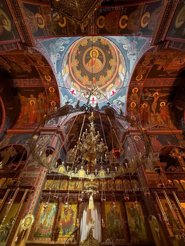 Chancel interior of orthodox church with in the background chandelier chandelier under dome of monastery church Zoodochos Pege in Byzantine style from 14th century in today's nunnery monastery of Panagia Kalyviani Kaliviani, Faneromeni, Tymbaki, Crete, Greece, Europe