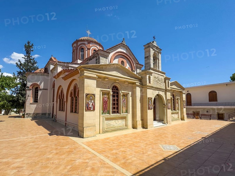 Exterior view of historic orthodox church monastery church Zoodochos Pege in Byzantine style from 14th century in today's nunnery monastery of Panagia Kalyviani Kaliviani, Faneromeni, Tymbaki, Crete, Greece, Europe