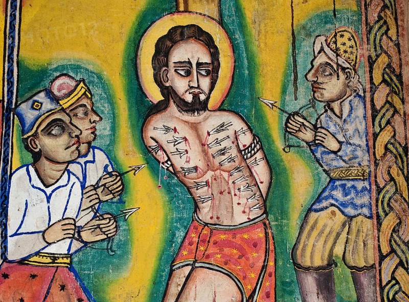 Jesus Christ crucifixion, mural painting in an orthodox monastery, Ura Kidanemeret monastery, Lake Tana, Ethiopia, Africa