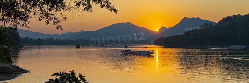 Sunset on the Mekong near Luang Prabang, Laos, Asia