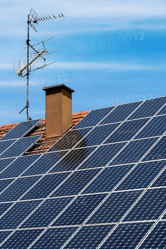 Roof with solar panels, chimney and antenna, Allgaeu, Bavaria, Germany, Europe