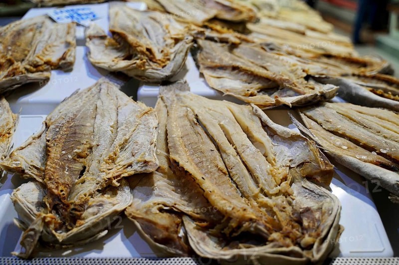 Market hall, Mercado de Nuestra Senora de Africa, Santa Cruz de Tenerife, Tenerife, Canary Islands, Spain, Europe, Close-up of dried fish on a market stall, Europe