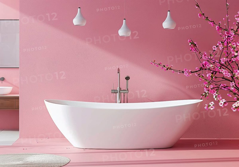 Pink bathroom Interior with a modern modern bathtub, AI generated