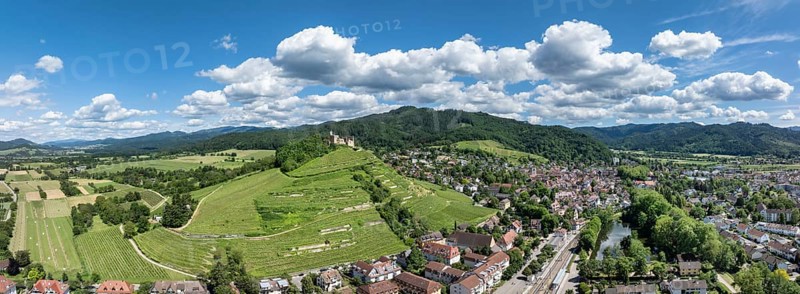 Aerial view, panorama of Staufen Castle, on a vineyard, Schlossberg, Staufen im Breisgau, Markgraeflerland, Black Forest, Baden-Wuerttemberg, Germany, Europe