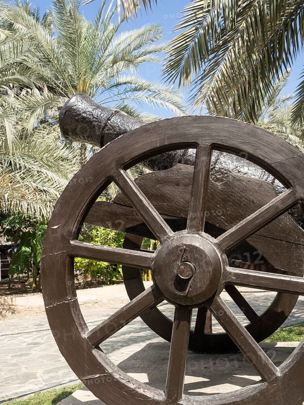 An old wooden cannon stands outside, surrounded by palm trees under a sunny blue sky, Abu Dhabi, Arab Emirates