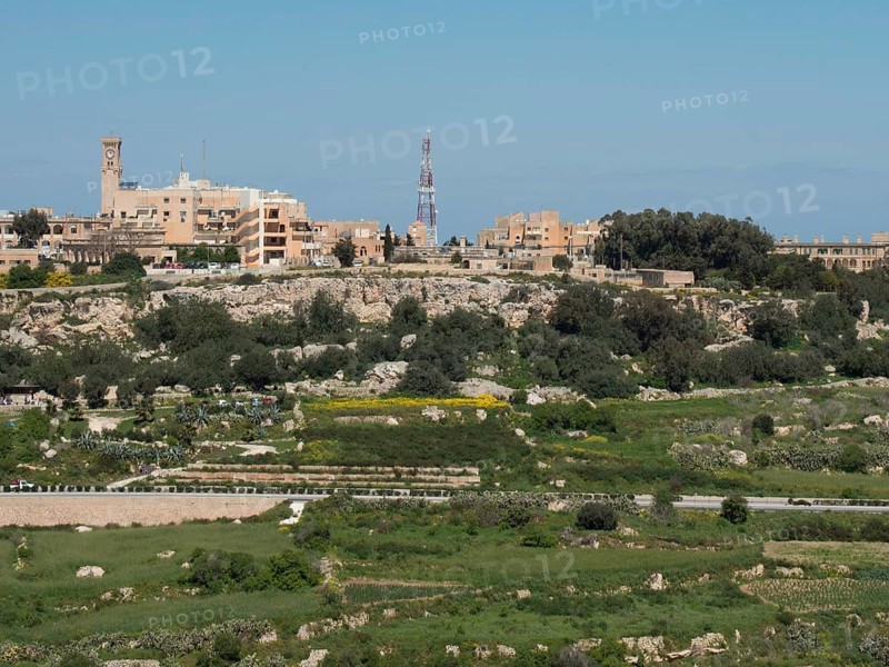 Overview of a town with various buildings, green areas and a striking tower in the background, the town of mdina on the island of malta with historic houses, colourful balconies, magnificent churches, mdina, Malta, Europe