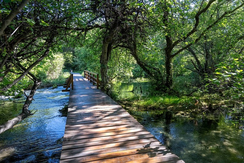 Wooden footbridge in Krka National Park, Krka Waterfalls, Dalmatia, Croatia, Europe