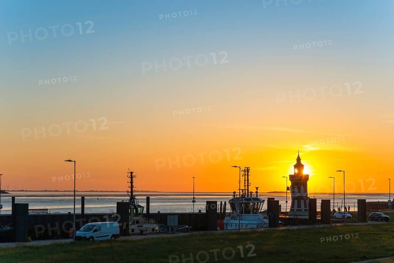 Pingelturm, historic lighthouse in the harbour, atmospheric, golden, beautiful sunset, silhouette in front of the calm sea and the warm light of the sky, tern (Sterna) flying in front of the sky in bright orange, boats and green meadow in the foreground, in the background the islands Langluetjen I and II, twilight, evening, dusk, maritime, calm atmosphere, mouth of the Weser into the North Sea, Outer Weser, coast, Bremerhaven, Land Bremen, Germany, Europe