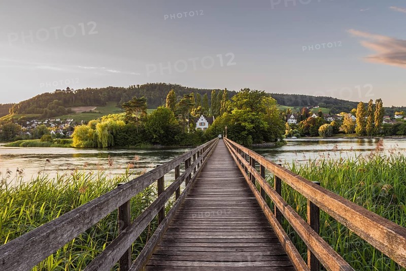 Wooden bridge over the Rhine to the Werd monastery island near Stein am Rhein, Eschenz, Canton Thurgau, Switzerland, Europe