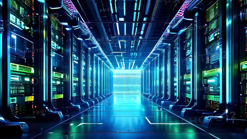 Server racks aligned in rows within a cloud computing data center background and data streams flowing, AI generated