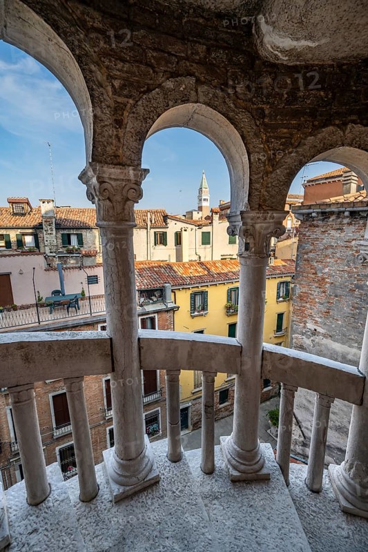 View of houses in Venice from the spiral staircase of Palazzo Contarini del Bovolo, palace with spiral staircase, Venice, Veneto, Italy, Europe
