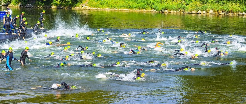 Swim start, triathlon, Danube, Ulm, Swabia, Baden-Wuerttemberg, Germany, Europe