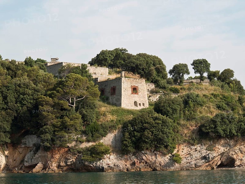 Ruins of a historic building on a wooded cliff overlooking the sea, Bari, Italy, Europe