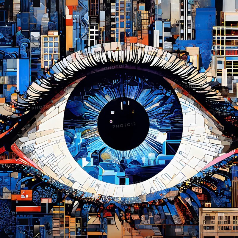 Illustration mosaic collage of an abstract detailed eye morphing into urban cityscape, AI generated