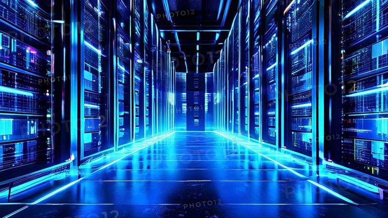 Server racks aligned in rows within a cloud computing data center background and data streams flowing, AI generated