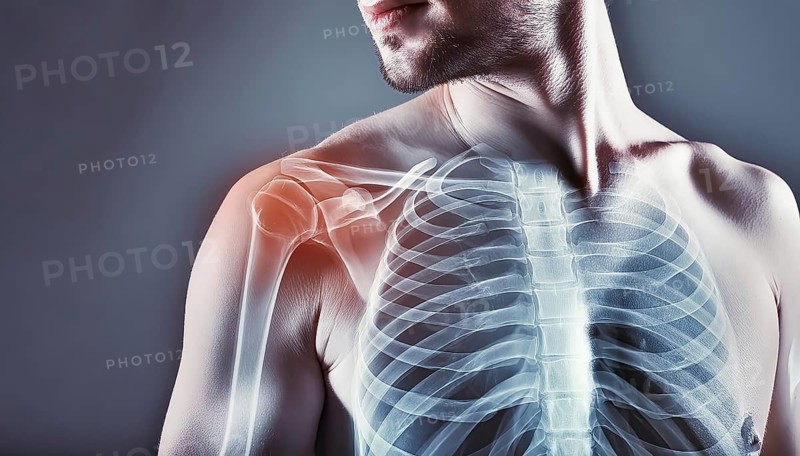 Man with visible skeleton of the shoulder and chest area, AI generated, AI generated