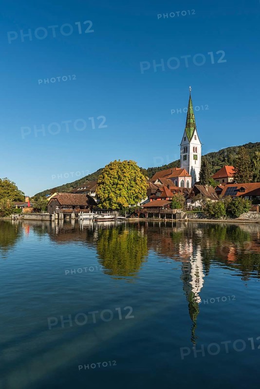 Lakeshore with the parish church of St Martin, Sipplingen, Baden-Wuerttemberg, Germany, Europe