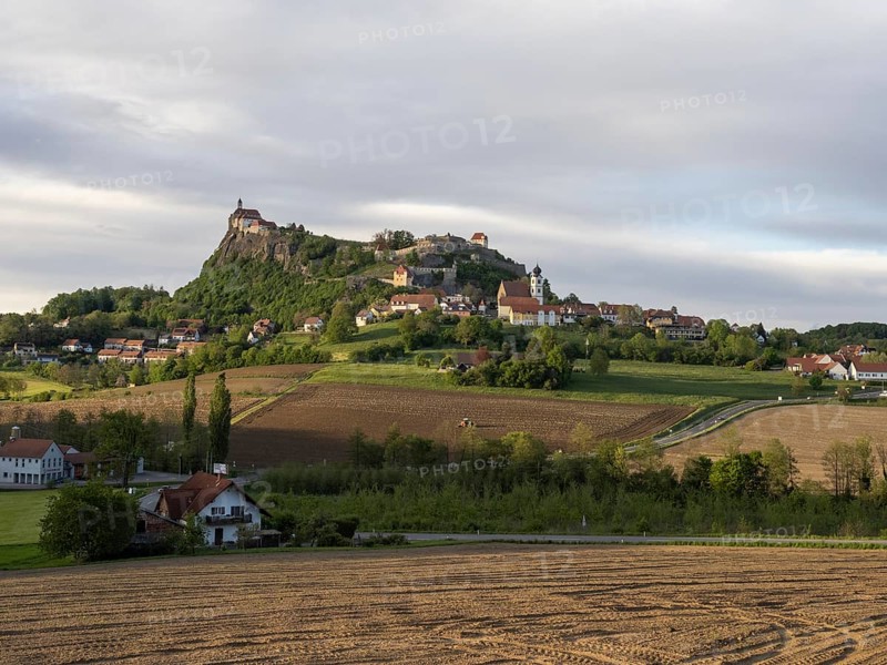 Farmland, Riegersburg Castle in the background, near Riegersburg, Styria, Austria, Europe