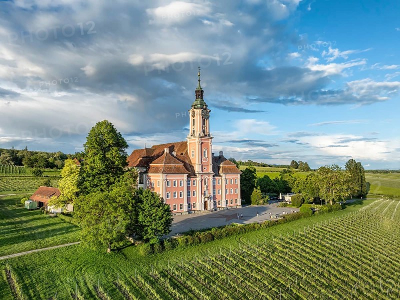 Aerial view of the pilgrimage church Birnau on Lake Constance, Uhldingen-Muehlhofen, Lake Constance district, Baden-Wuerttemberg, Germany, Europe