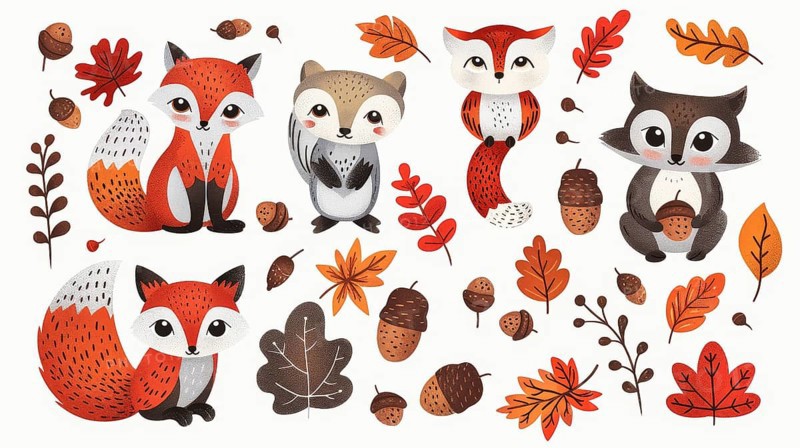 Charming illustration of foxes and a raccoon with acorns and autumn leaves depicting a whimsical autumn scene, AI generated