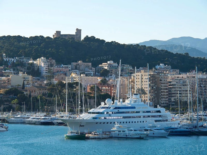 City by the sea with a harbour full of yachts and boats, surrounded by mountains under a clear sky, palma de Majorca with its historic houses, the great cathedral and flowers, palma, spain