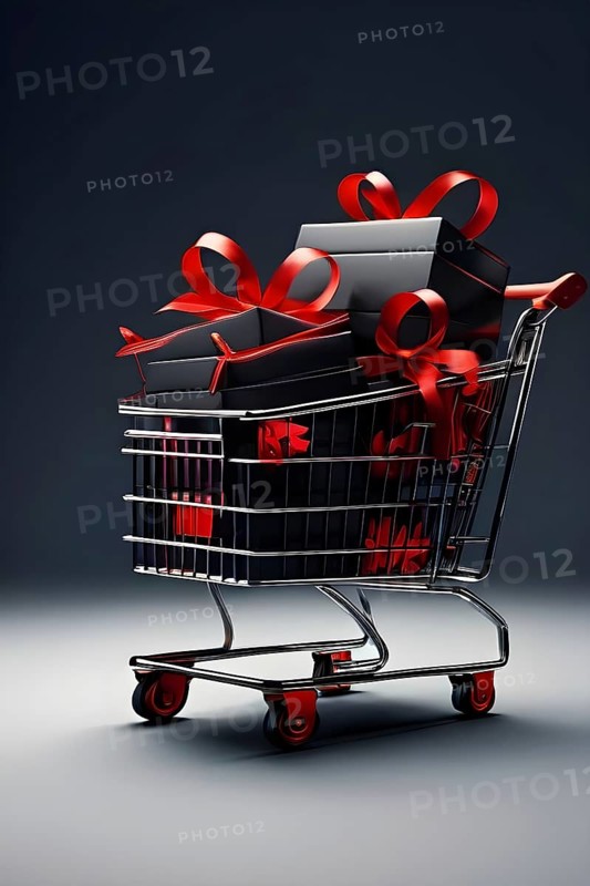 Black friday shopping cart brimming with black gift boxes tied with red ribbons against a dark grey background, AI generated