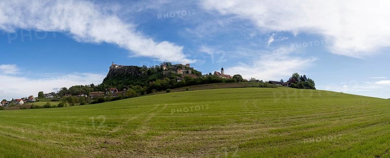 Meadow, Riegersburg Castle in the background, panoramic view, near Riegersburg Castle, Styria, Austria, Europe