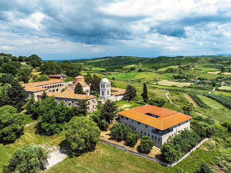 Apollonia Archaeological Park from a drone, Pojan, Albania, Europe