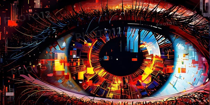 Illustration mosaic collage of an abstract detailed eye morphing into urban cityscape, AI generated