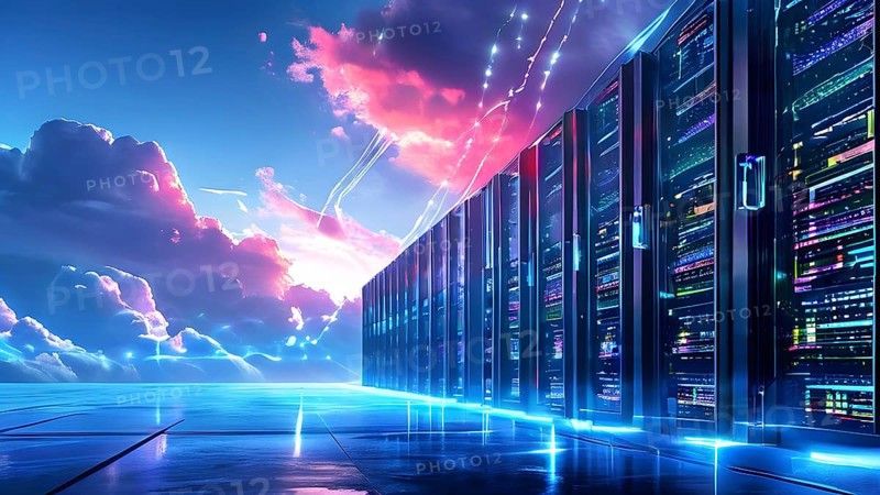 Server racks aligned in rows within a cloud computing data center background and data streams flowing, AI generated