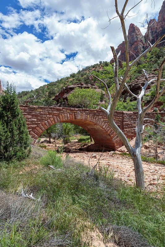 Stone arched bridge over dry Pine Creek in Zion National Park, Utah, United States of America, USA, North America