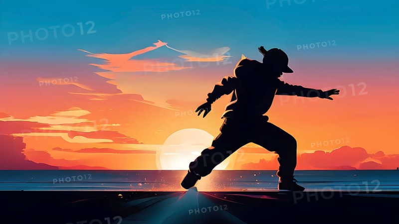 Illustration of a breakdancer silhouette in calm harmony bathed in the breathtaking palette of a sunset, AI generated