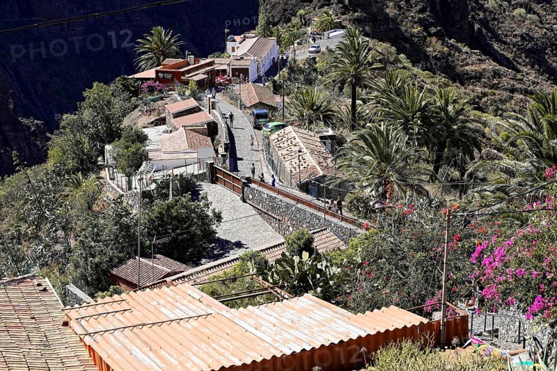 Mountain village Masca, Masca Gorge, Montana Teno Mountains, Tenerife, Canary Islands, Spain, Europe, A small village with palm trees and stone paths nestled in the mountains, Europe