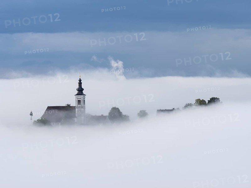 Church tower rises out of the morning mist, Frauenberg pilgrimage church, near Leibnitz, Styria, Austria, Europe