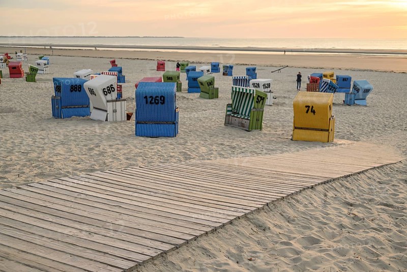 Colourful beach chairs on the sandy beach at sunset, a wooden path leads through the sand, summer evening on the beach with green dune grasses against a blue sky and colourful beach chairs, langeoog, germany