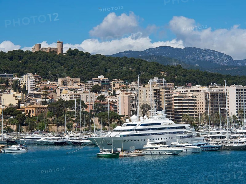 A harbour with numerous yachts in front of a city with buildings and hills in the background, palma de Majorca on the mediterranean sea with its historic houses, the large cathedral and flowers, palma, spain