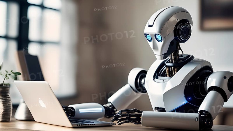 Android, robot writing on a laptop in the home office, symbolic image artificial intelligence replaces human labour, AI generated, AI generiert, AI generated
