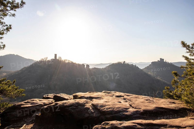 View of Trifels Castle, from Engels Landing rock, with the young tower in autumn at sunset. Beautiful landscape in the Palatinate Forest, Rhineland-Palatinate, Germany, Europe