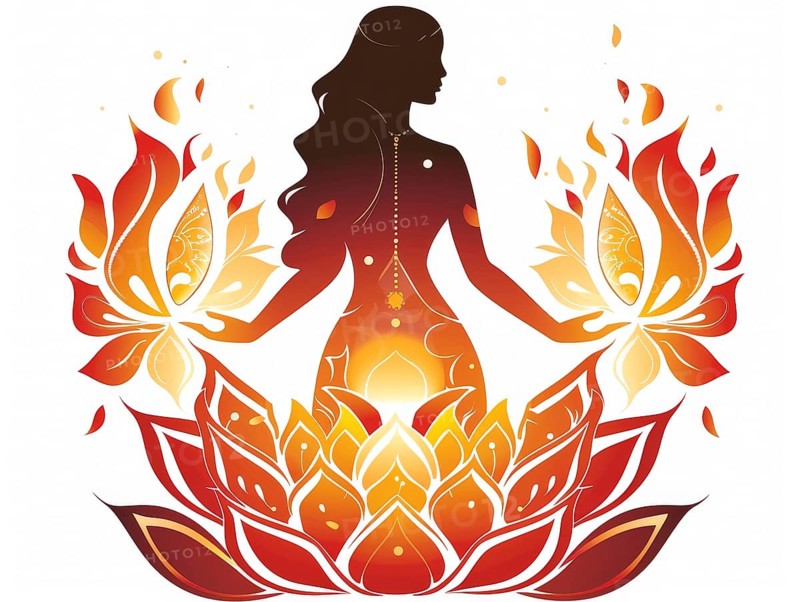 Silhouette of a woman with fiery lotus flowers against an ethereal background, AI generated