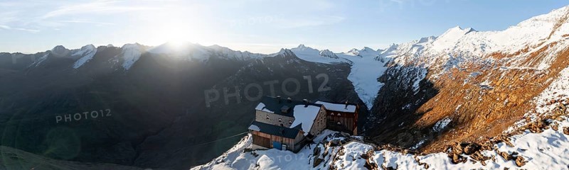 Mountain panorama and glacier, mountain hut Ramolhaus in autumn with snow, view of Gurgler Ferner with summit Hochwilde and Falschungsspitze, Oetztal Alps, Tyrol, Austria, Europe