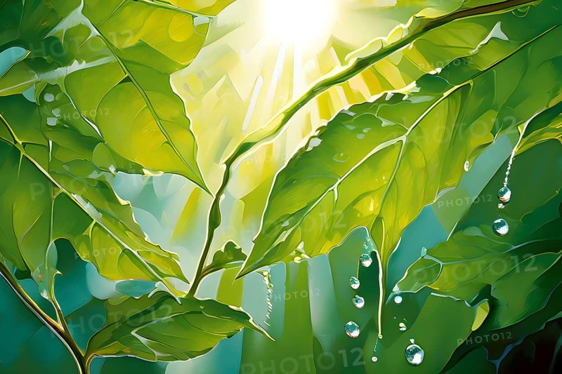 Abstract digital painting embodying sustainability with intertwining leaves glisten with water droplets, AI generated