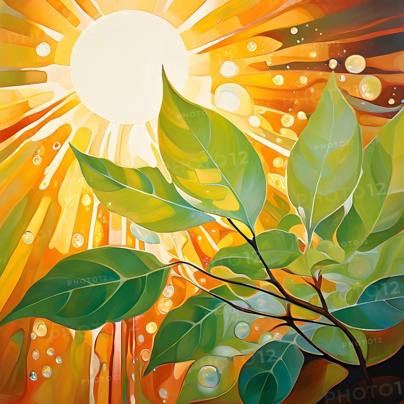 Abstract digital painting embodying sustainability with intertwining leaves glisten with water droplets, AI generated