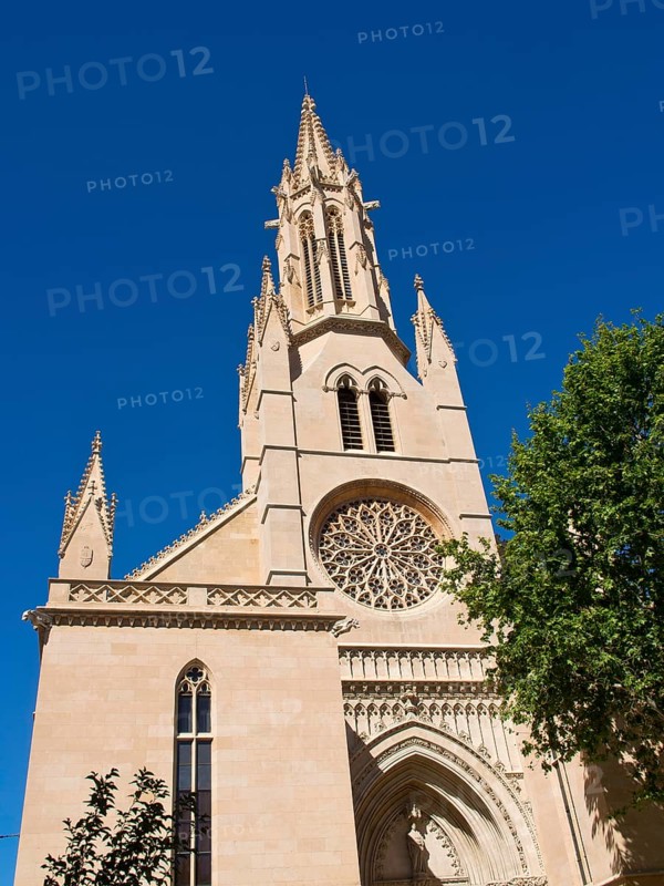 Gothic church facade with detailed rose window in front of a bright blue sky, palma de Majorca with its historic houses, the large cathedral and flowers, palma, spain